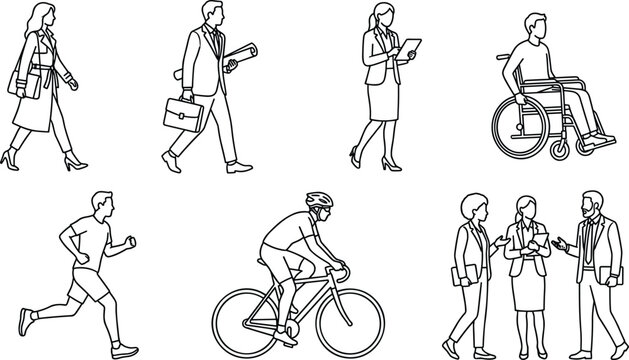 Hand drawn sketch illustration of diverse people scale figures architectural walking wheelchair running cycling business set vector line art.