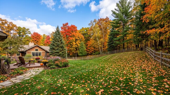 Residential house with wooden deck surrounded by vibrant autumn forest and fallen leaves on lawn