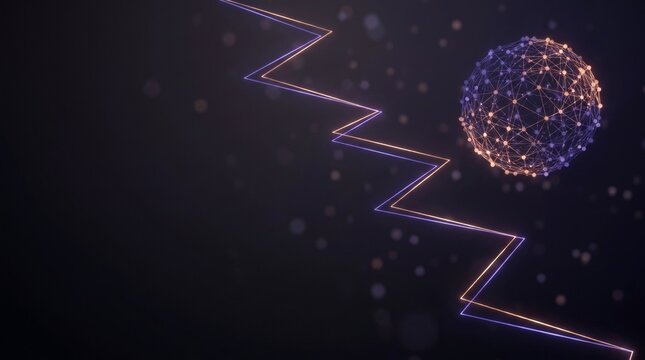 Abstract glowing zigzag data line with network sphere on dark background