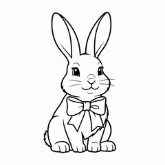 Fototapeta premium Cute Sitting Easter Bunny with Large Ribbon Bow Tie Black Line Art Vector Illustration Rabbit Character Outline Spring Holiday Coloring Page Graphic Element Isolated Plain White Background Lineart