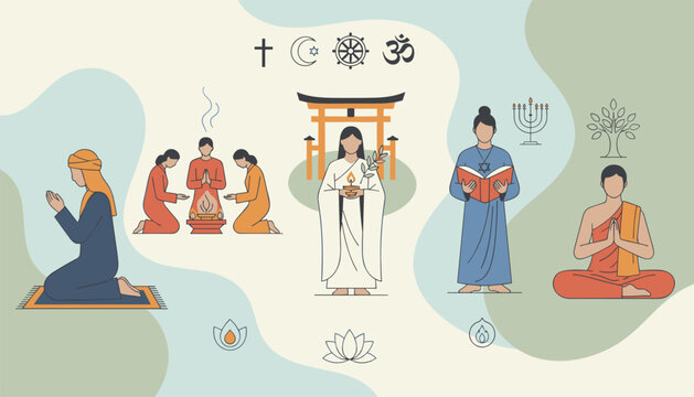 Inclusive vector infographic illustrating diverse people practicing different religious prayers, rituals, and meditation.
