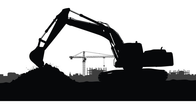 Excavator silhouette against a white background with construction site elements