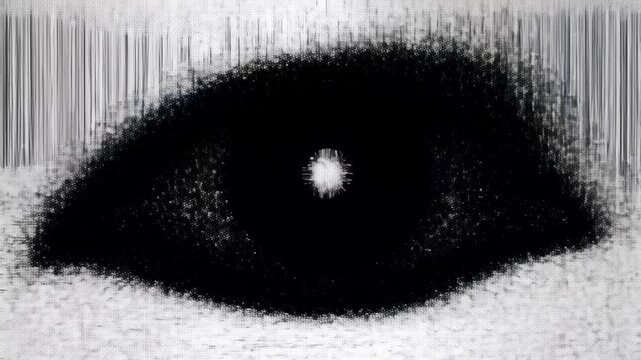 Abstract black oval shape expands and reveals bright center in monochrome digital distortion