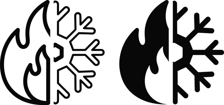 Black and white icons showing a split design between a hot flame and a cold snowflake symbol