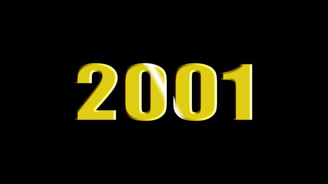 Year 2001 Scaling Text Animation with Bevel and Light Sweep Effect on Black Background.