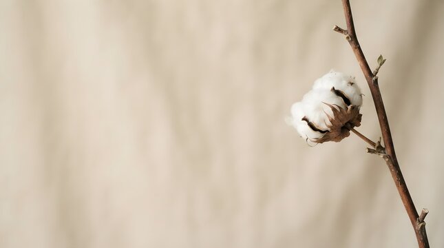 Close-up of a soft white cotton boll attached to a dry branch against a blurred neutral background, featuring an asymmetrical composition with empty space.