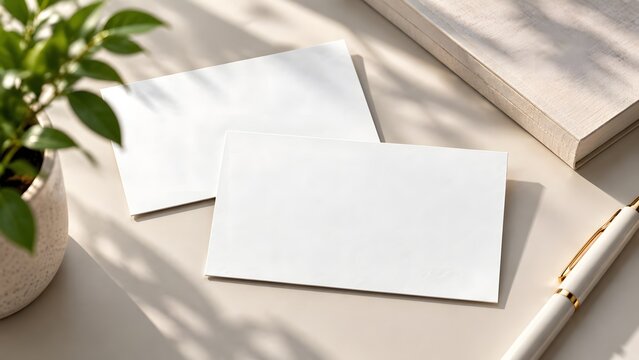Blank white stationery cards on neutral beige desk with elegant pen and plant for clean corporate branding presentation.