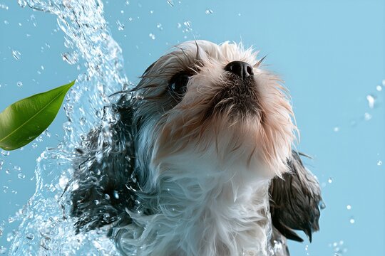 Wet shih tzu dog with water splash and green leaf on blue background
