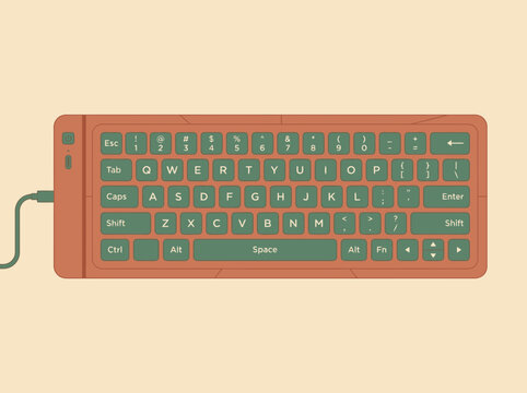 Stylized orange and teal computer keyboard illustration on a plain background.