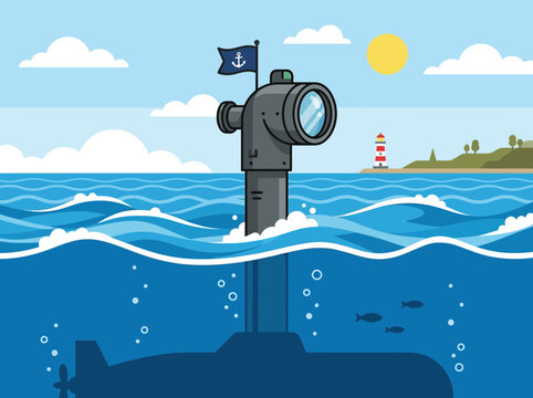 Submarine silhouette with periscope rising above ocean waves.