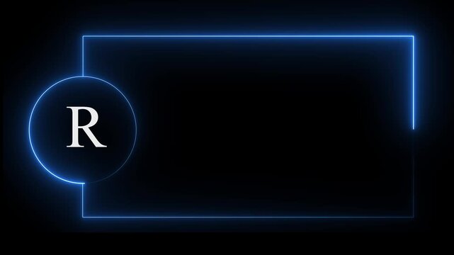 Colorful glowing neon R text icon animation. Square rectangle picture frame with one tone neon color motion graphic on isolated black a background. neon text R, icon, 4k video black background.4k