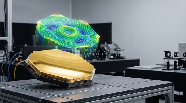 Hexagonal gold satellite mirror segment on laboratory table projecting 3D holographic wavefront interferometry surface map
