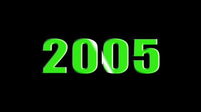 Year 2005 Scaling Text Animation with Bevel and Light Sweep Effect on Black Background.