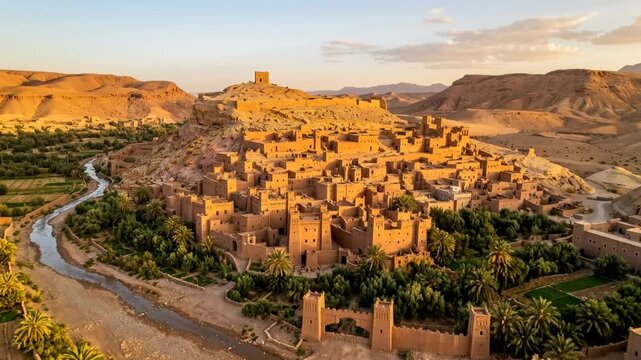 aerial view of ancient mudbrick architecture of ait ben haddou morocco from above