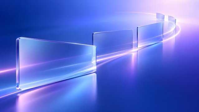 Curving path of glowing glass slides floats over glossy blue background representing digital data flow technology.