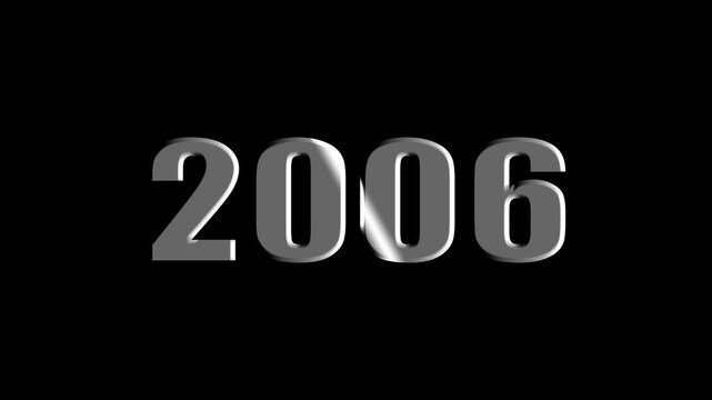 Year 2006 Scaling Text Animation with Bevel and Light Sweep Effect on Black Background.