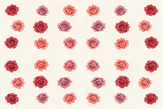 Seamless watercolor pattern of deep red and dusty rose blossoms on cream background