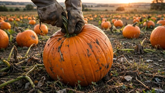 Farmer hands in muddy gloves lifting a large orange pumpkin in a vast farm field during warm golden sunset
