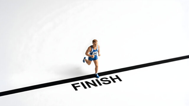 Determined Miniature Athlete Racing Towards Victory, Crossing the Finish Line with Precision and Purpose