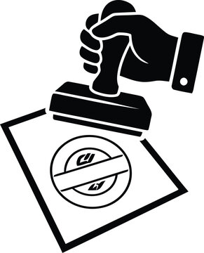 Business hand holding a rubber stamp to mark a document with document business approval official signature verification certification agreement contract authority corporate illustration