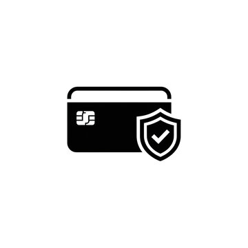 Credit card icon with a security shield symbol black vector illustration for secure digital payment and financial transaction protection.