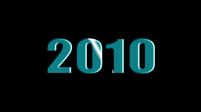 Year 2010 Scaling Text Animation with Bevel and Light Sweep Effect on Black Background.