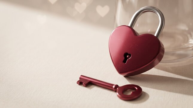 Red Heart Padlock with Key on Romantic Background