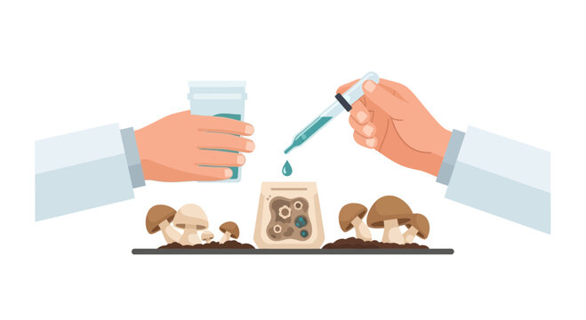 Mushroom biotechnology research with scientist hands and lab equipment