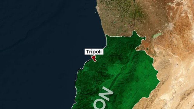 Animated map footage showing the Tripoli location in Lebanon motion clip