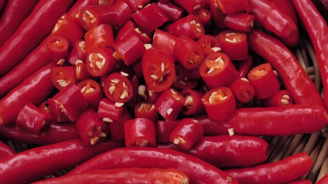 Sliced fresh red chili peppers in a basket