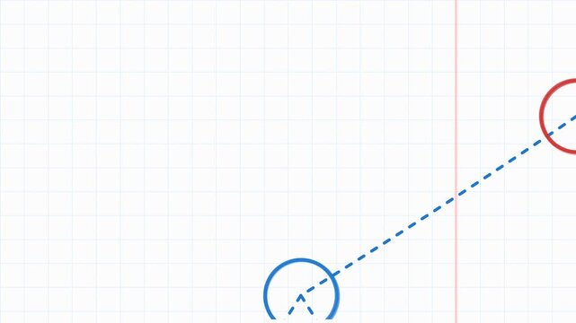 Technical diagram on grid paper illustrates circular markers connected by a dashed vector line.