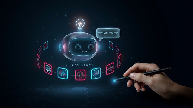 Artificial intelligence assistant robot head with digital interface icons and hello speech bubble for customer service.