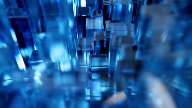 Abstract blue glass blocks arranged in reflective geometric setting with soft light