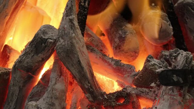 Close-Up of Adding Charcoal to Glowing Embers and Open Campfire Flames