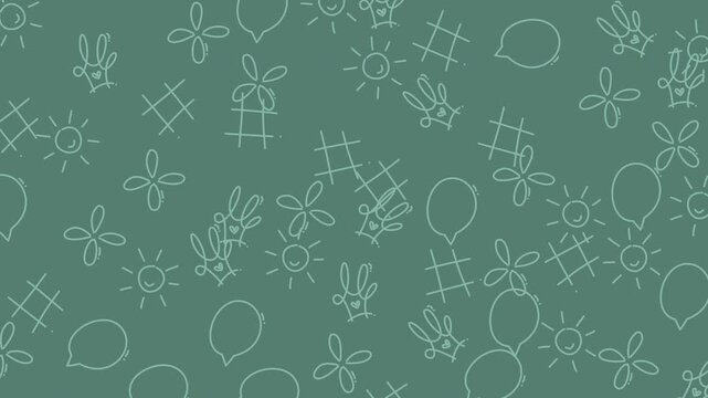 Seamless pattern with hand drawn cute doodles on a muted green background.