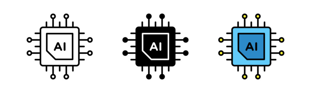 AI Chip Icon - Outline Stroke, Glyph Black Fill and Color Fill with Stroke Vector Isolated on White Background