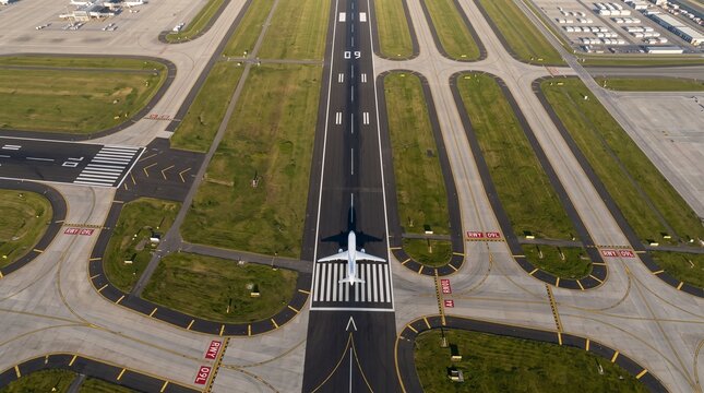Aerial view of airplane on airport runway, commercial jet taxiing on tarmac, aviation infrastructure and landing strip