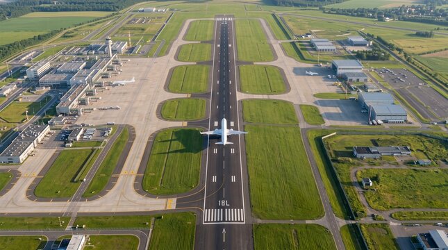 Aerial airport runway with airplane taking off, commercial aviation hub with terminal buildings, regional airfield infrastructure