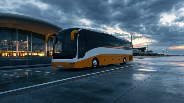 Modern motor coach bus parked outside contemporary airport terminal during dramatic cloudy dusk sky reflecting on wet pavement