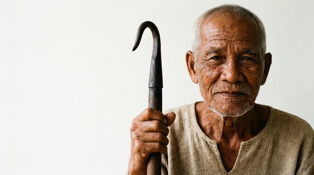 Portrait of Wise Elderly Man with Walking Stick