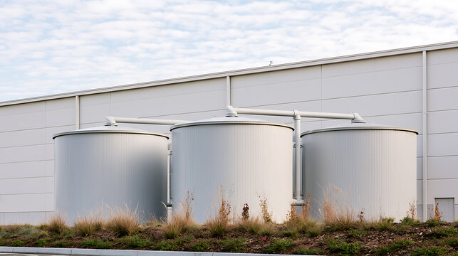 Industrial water storage tanks outside a large commercial warehouse building under cloudy sky during daytime with modern architectural design