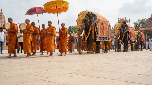 Vibrant Buddhist Parade with Ornately Dressed Elephants