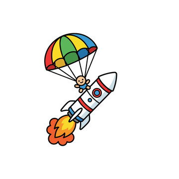 Cute cartoon baby with parachute jumping from a rocket ship, isolated on transparent background