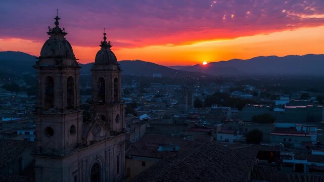 Aerial sunset over colonial rooftops in Morelia, Michoac&aacute;n,with stone buildings and cathedral towers video