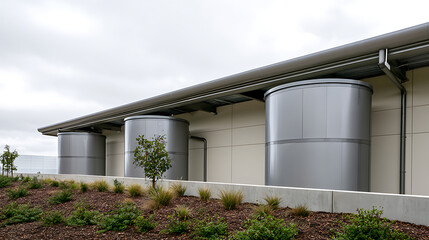 Fototapeta premium Industrial building exterior featuring large metal storage tanks and modern architecture under a cloudy sky in a commercial park setting