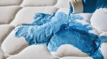 Obraz premium Liquid blue water spilled on white quilted fabric surface with textured pattern close-up for cleaning or stain concept