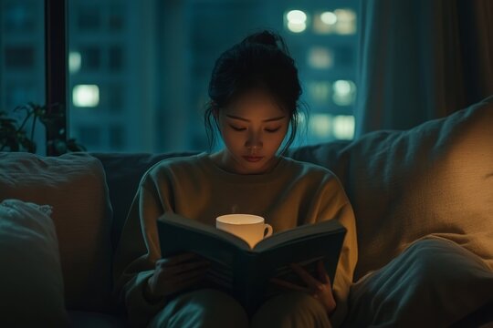 Woman reading book with coffee cup on couch at night city lights visible through window pane 96