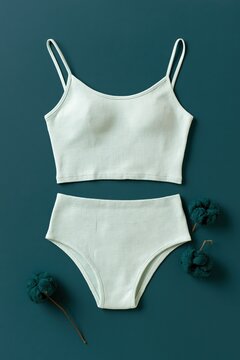 Mint green cotton lingerie set flatlay on teal background for ecommerce product display and catalog banner
