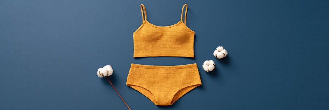 Mustard yellow cotton bralette and high waist brief flatlay on blue background with cotton bolls for lingerie product banner and background