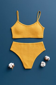 Mustard yellow cotton bralette and high waist brief flat vertical layout on blue background with cotton bolls for lingerie product banner and background